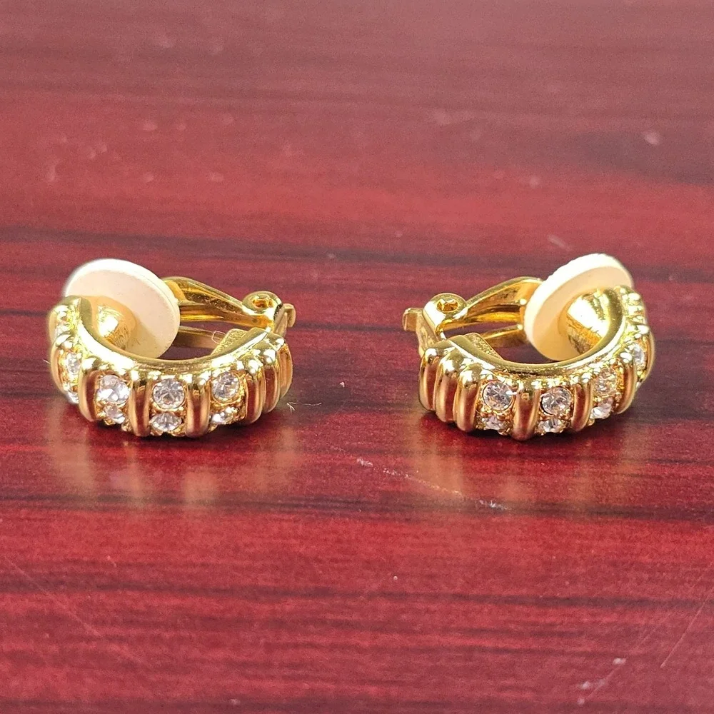 Vintage Swarovski Gold Tone Crystal Clip On Hoop Earrings
